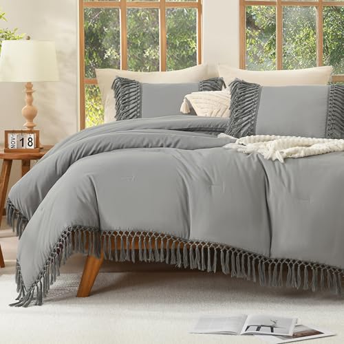 Andency Medium Grey Comforter Set Full, 3 Pieces Boho Tassel Bedding - Lightweight Soft Comforter Sets(79x90In) and 2 Pillowcases, All-Season Fluffy Fringe