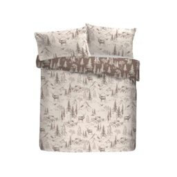 Dreams & Drapes Lodge Alpine Stag Duvet Cover Set, 100% Brushed Cotton, Single 140x200cm, Natural, Hand-Drawn Mountain Lodge Print, Orange