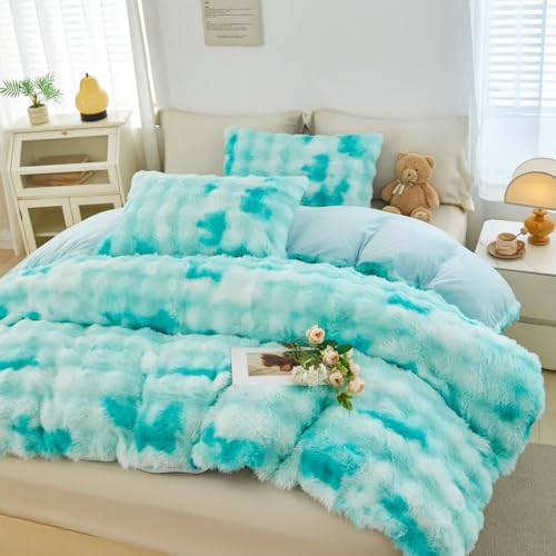 SUCSES Faux Fur Duvet Cover Set Twin Size Bubble Plush Shaggy Girl Bedding Sets Soft Velvet Fluffy Fuzzy Shaggy Ombre Comforter Bed Cover Set for Adult Kids Bedroom Dorm(Tie Dye Aqua, Twin)