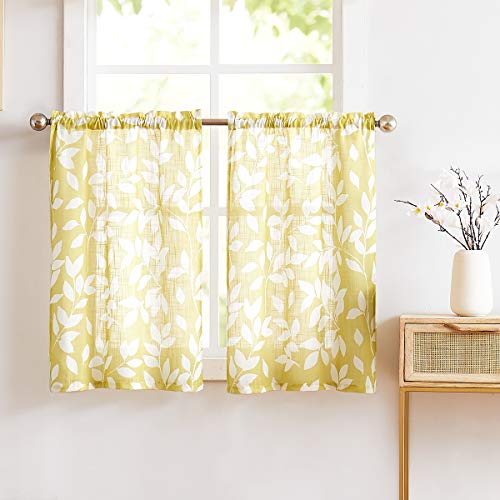 "Treatmentex Leaf Print Kitchen Curtains 36"" Short Tier Curtain Set for Bathroom Windows Mustard Yellow White 2 Panels"