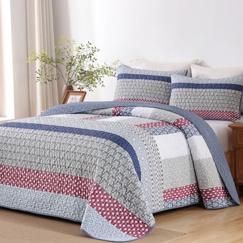 "WONGS BEDDING Blue Red Quilt King Size, Bohemian Stripe Quilt Sets 3 Pieces Boho Quilted Bedspread Set Lightweight Microfiber Coverlet Bedding Set All Season (104""x90"")"