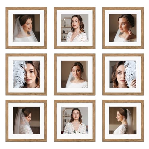 BSRHOME 8x8 Picture Frame Set of 9, Display Pictures 4x4 with Mat or 8x8 without Mat, Multi Collage Gallery Square Photo Frames for Wall or Tabletop,Light Brown