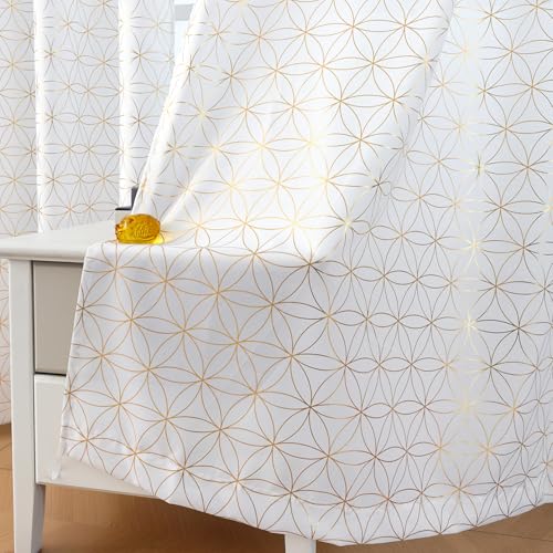 "Taisier Home Gold Linen Grommet Window Curtain Panels Metallic Geo Moroccan Tile Foil Print White Semi Sheer Draperies for Bedroom Living Room,Light Filtering Window Treatments,52"" Wx84 L,2 Panels"
