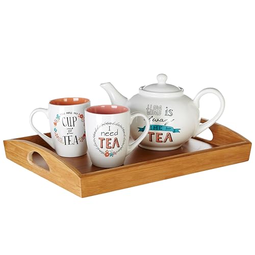 Premier Bamboo Rectangular Serving Tray 40 x 30 x 6 cm Natural Wooden Tray with Handles for Kitchen, Dining Table, Parties