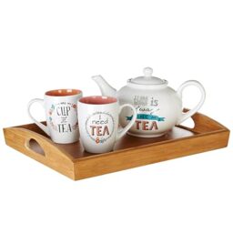 Premier Bamboo Rectangular Serving Tray 40 x 30 x 6 cm Natural Wooden Tray with Handles for Kitchen, Dining Table, Parties