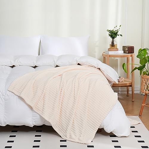 "Puncuntex Fleece Throw Blanket Cream White 50""??70"" with Square Grid Design - Super Soft Plush Cozy Flannel Throw Blanket Luxury for Couch Sofa Chair"