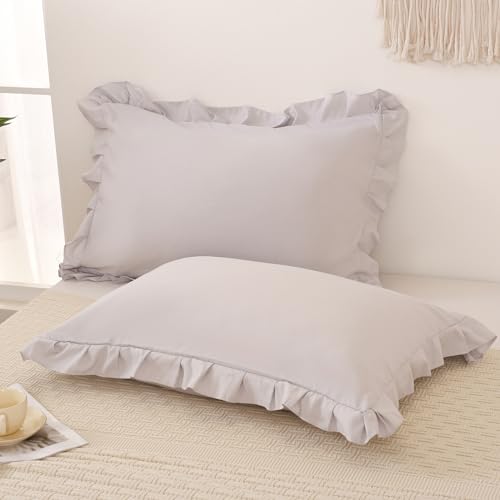 Beige Gray Pillow Shams Cute Ruffle Standard Pillowcases Solid Pillow Cover Set of 2 Shabby Chic Soft Light Gray Pillowcases 2 Pack (Queen (20''x30''), Beige Gray)