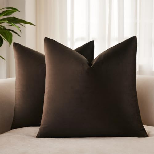JUSPURBET 28x28 Decorative Velvet Throw Pillow Covers Cases Set of 2,Coffee - Cozy Soft Euro Cushion Covers with Hidden Zipper for Couch Sofa Bed Living Room Bedroom Home Decor
