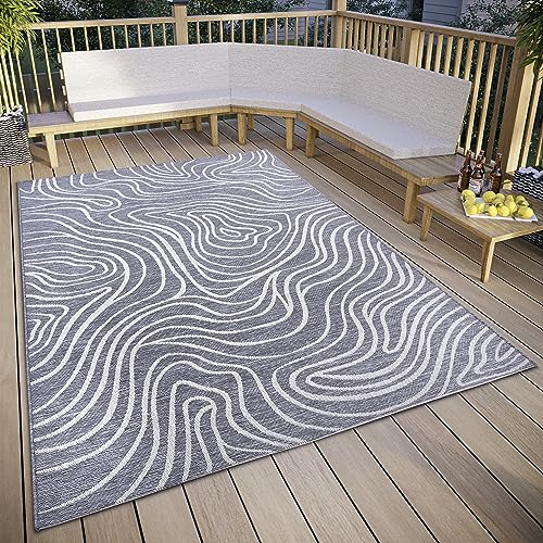 ELLE Decoration Calé Indoor & Outdoor Rug - Design Outdoor Rug Flat Weave Modern Pattern Weatherproof Outdoor Rug for Living Room, Hallway, Balcony, Patio, Garden - Grey Cream, 77 x 150 cm