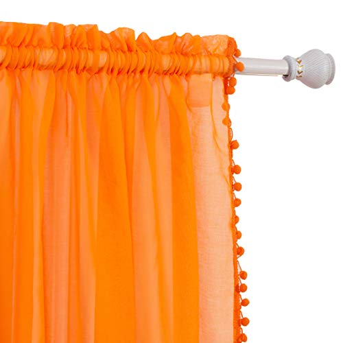 Elegant Comfort Semi-Sheer Pom Pom Tassels Curtains - 2 Panels Set - with 2inch Rod Pocket - Solid Sheer Curtain Drapes for Living Room, Bedroom, W40 X L84, Orange