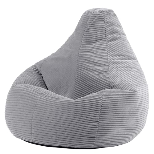 icon Dalton Cord Bean Bag Chair, Grey, Large Adult Bean Bag with Filling Included, Comfy Chair, Living Room Furniture, Bedroom Furniture