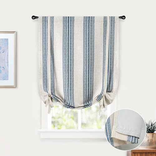 DriftAway Chris Double Layer Linen Blackout Tie Up Curtains Thermal Insulated Fully Lined Vertical Striped Balloon Roman Shade Bathroom Window Adjustable Rod Pocket 25 Inch by 47 Inch Jean Navy