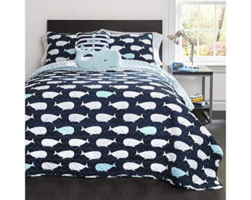 Lush Decor Kids Reversible 4 Piece Quilt Bedding Set with Sham and Decorative Throw Pillows, Polyester, Navy, Twin