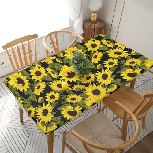 BOXIMIAO Tablecloth with Elastic Edge Sunflower Black Rectangle Waterproof Oil-Proof Table Cloth Washable Reusable Table Cover for Kitchen Dining, 5FT