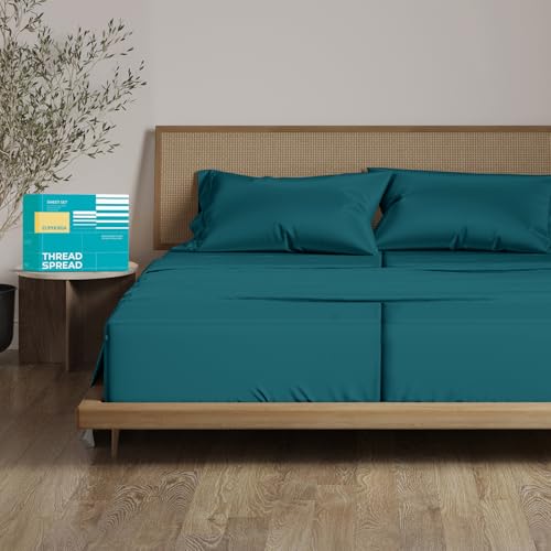 "THREAD SPREAD 100% Pure Egyptian Cotton Split King Sheets Sets for Adjustable Bed - 800 Thread Count 5 PC Top Split King Sheet for Sleep Number Bed, Soft Cooling Sheets, Fits Mattress Upto 18"" - Teal"