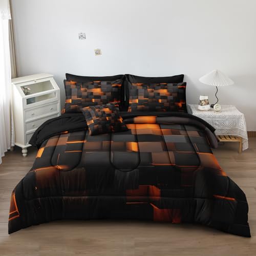 Herside Solid Geometric Queen Size Comforter Set with Sheets,8 Pcs Orange Black Queen Bed in a Bag Set,Gradual Change Honeycomb Quilt Set,Modern Square Texture Luxury Bedding Set for All Season