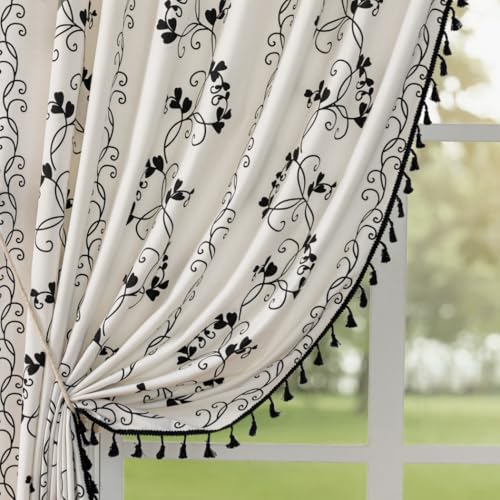 "F-CHU Vintage Floral Curtains Bohemian Drapes 72 Inch Length Cotton Linen Boho Window Curtain with Tassel Rod Pocket Bedroom Macrame Drapes Flower Curtains, 2 Panel 55"" W x 72"" L Black Curtains"