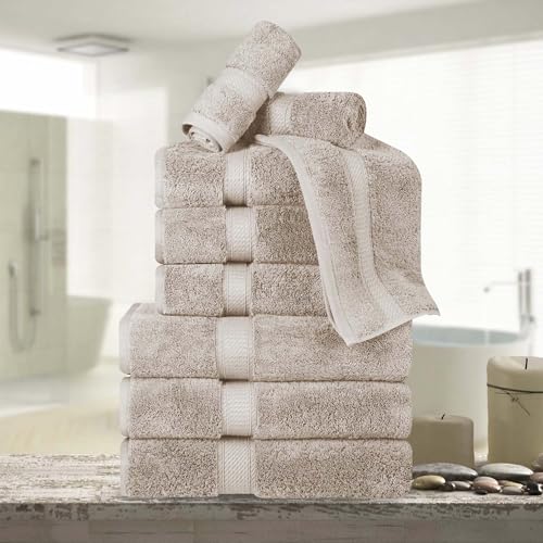 Superior Egyptian Cotton Pile 9 Piece Towel Set, Includes 3 Bath, 3 Hand, 3 Face Towels/Washcloths, Ultra Soft Luxury Towels, Thick Plush Essentials, Guest Bath, Spa, Hotel Bathroom, Stone