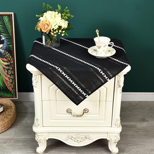 NEWISHER Embroidered Small Square Tablecloth, 24x24 Inch End Table Cover - Black End Table Cloth, Jacquard Striped Linen Texture Coffee Table Tablecloth, Washable Small Table Cover for Kitchen Home
