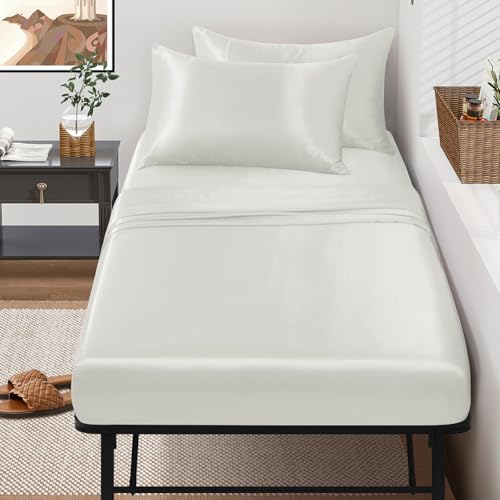 "SiinvdaBZX 4-Piece Cot Sheet Set 31"" x 75"", Ivory White Satin Cot Size Sheets Silky Soft Rv Bunk Bed Sheets for Narrow Twin/Camp Bunk/Guest Beds/Army Cots/Trifold Mattress"