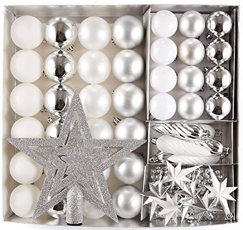 HEITMANN DECO Set of 50 Christmas Tree Decorations with Lace - Plastic Christmas Decorations White Silver for Hanging