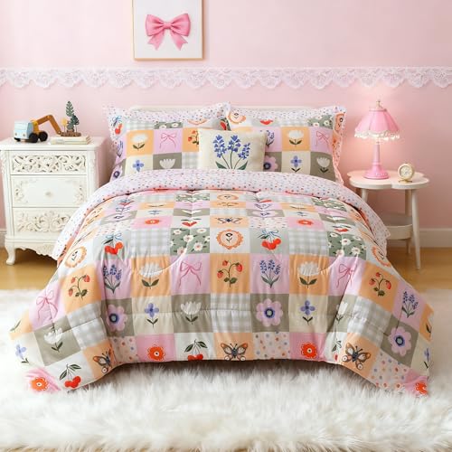 Mooreeke Kids Full Comforter Sets for Boys 8 Pieces Floral Butterfly Bedding Set for Teens Microfiber Splice Block Flower Kids Bed in A Bag with Comforter, Sheet Set, Shams and Decorative Toy Pillow
