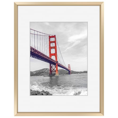 Frametory, 11x14 Aluminum Photo Frame with Ivory Color Mat for 8x10 Picture & Real Glass, Metal Picture Frame Collection (Gold, 1-Pack)