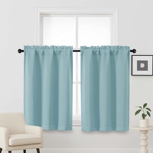 OVZME Turquoise Blackout Curtains for Small Window Treatment, Light Blocking Short Kitchen Window Curtains Over Sink, Dual Rod Pocket Half Window Tiers for Bathroom Basement, 2x40Wx36L Inches