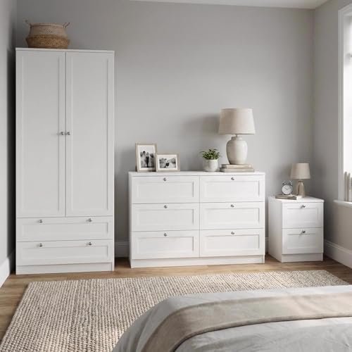 FWStyle Artus Matt White Bedroom Furniture Set 6 Drawer Chest, 2 Drawer Bedside Table & 2 Door 2 Drawer Wardrobe Shaker Style Storage