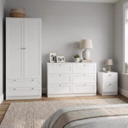 FWStyle Artus Matt White Bedroom Furniture Set 6 Drawer Chest, 2 Drawer Bedside Table & 2 Door 2 Drawer Wardrobe Shaker Style Storage