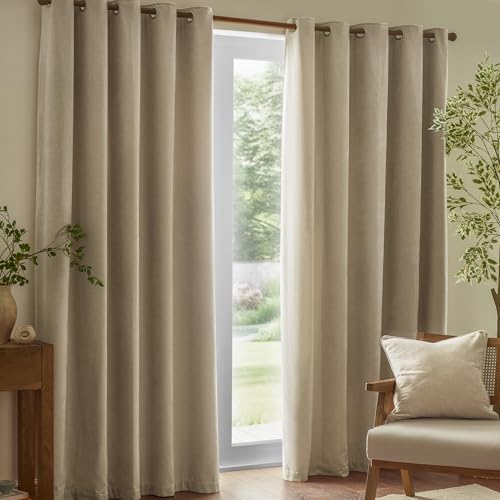 Yard Heavy Chenille Eyelet Curtain Pair – Lined Room Darkening Soft Velvet Curtains (Linen – Width 117 x Drop 137cm)