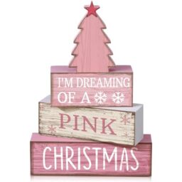 Lineshading 4 Pcs Christmas Table Decoration Wooden Pink Christmas Tree Centerpieces Decor Winter Tiered Tray Decor Rustic Decorative Tree Block Signs Gift Farmhouse Xmas Decoration for Home Kitchen