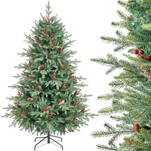 Yaheetech 6ft Artificial Christmas Tree with 56 Pinecones & Holly Berries - 183 cm Tree - 1844 PE & PVC Tips - Foldable Stand Included - Holiday Decorative Hinged Tree Green - Luxury Natural Looking