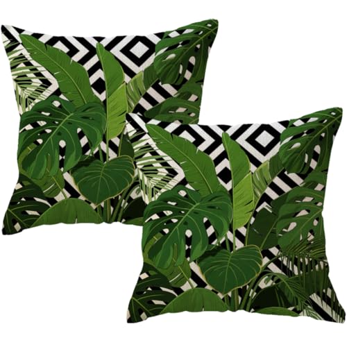 ULOVE LOVE YOURSELF 2Pack Tropical Green Leaves Throw Pillow Cover with Geometric Background Home Decorative Square Cushion Covers Summer Home Decor Palm Pillowcase 20 X 20 Inch (Palm Tree)