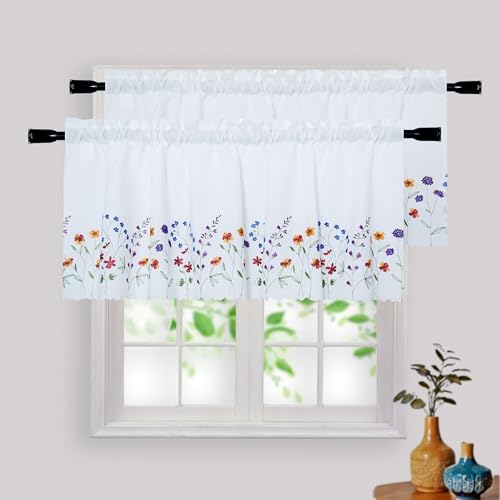 2PCSiykkay PKT Floral Embroidery Curtain Valance, White Elegant Decorative Flowers Window Valances,Valances for Windows Living Room,Rod Pocket W50XL16 inch (Flowers)