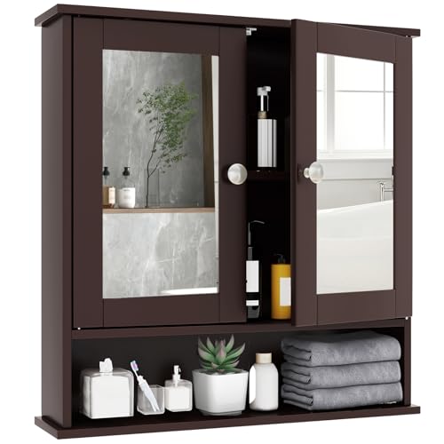 RELAX4LIFE Bathroom Mirror Cabinet, Wall Mounted Display Organizer Unit with Mirror, Double Door & Adjustable Shelf, Wooden Storage Cupboard for Bathroom Kitchen Living Room (Brown)