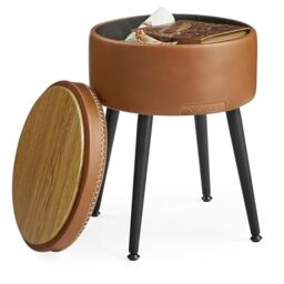 VASAGLE EKHO Collection - Storage Ottoman, Dressing Table Stool, Synthetic Leather with Stitching, Mid-Century Modern, Round Storage Stool Seat with Steel Legs, Loads 150 kg, Caramel Brown LOM005K51