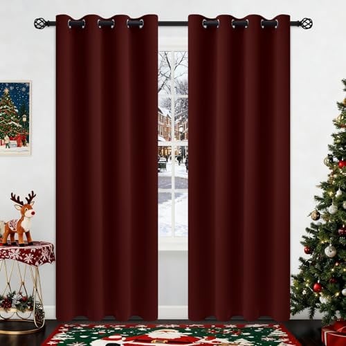COSVIYA Grommet Blackout Room Darkening Burgundy Curtains 96 inch Long, Thick Polyester Light Blocking Insulated Thermal Window Curtain Drapes for Bedroom/Living Room,2 Panels,52x96 inches