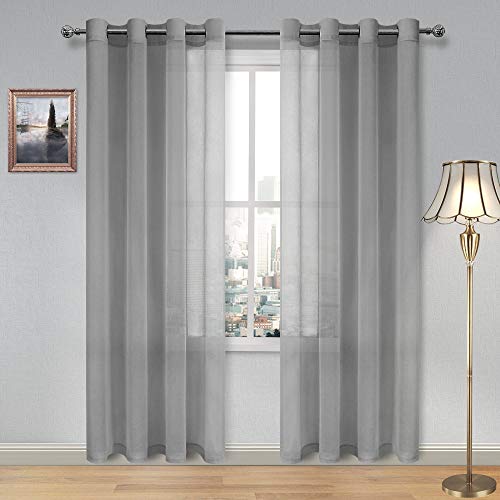 DWCN Sheer Curtains for Living Room Grey Faux Linen Look Voile Drapes Grommet Window Curtain 52 x 84 Inch Long, Set of 2 Panels