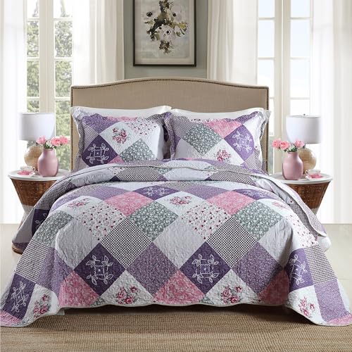 HoneiLife Quilt Set King Size - 3 Piece Microfiber Quilts Reversible Bedspreads Patchwork Coverlets Floral Bedding Set All Season Quilts-Little Rose,Purple