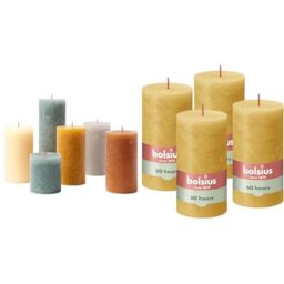Bundle of Bolsius Rustic Candle Gift Set - Nordic Ambiance - Box of 6 Candles - Long Burning Time + Bolsius Rustic Pillar Candle - Yellow - Pack of 4 -Burning Time of 60 Hours - 13 x 7 cm