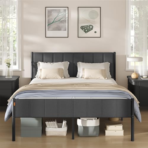 VASAGLE King Bed Frame, 150 x 190 cm, with Upholstered Headboard, Metal Bed Frame, 500 kg Weight Capacity, Easy Assembly, Slate Grey RMB977GN01