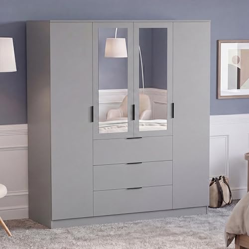 Vida Designs Trega 4 Door 3 Drawer Mirrored Wardrobe - Grey - Bedroom Furniture - 175H x 154W x 54D cm - With Storage Shelf & Hanging Rail - Large Capacity Storage