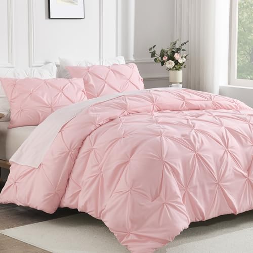 Andency Pink Comforter Set Queen(90x90Inch), 3 Pieces Soft Lightweight Cute Pinch Pleat Comforter Set for Queen Bed, All Season Western Warm Bed Set for Girls Women