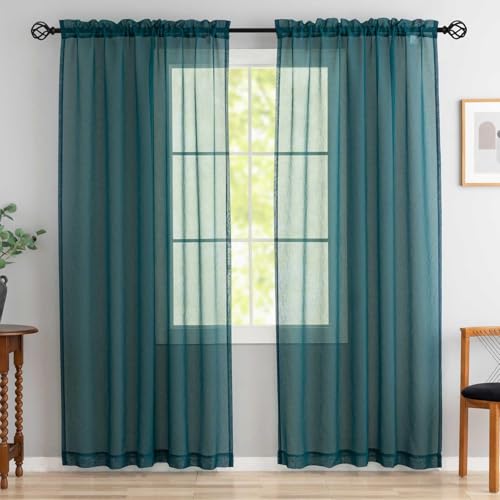 "MYSTIC-HOME Green Sheer Curtains 95 Inch Length, Elegant Sheer Curtains for Bedroom, Rod Pocket Window Voile Sheer Curtain Panels/Drapes/Treatment for Living Room/Bedroom, 2Pcs, Each 52"" W x 95"" L"