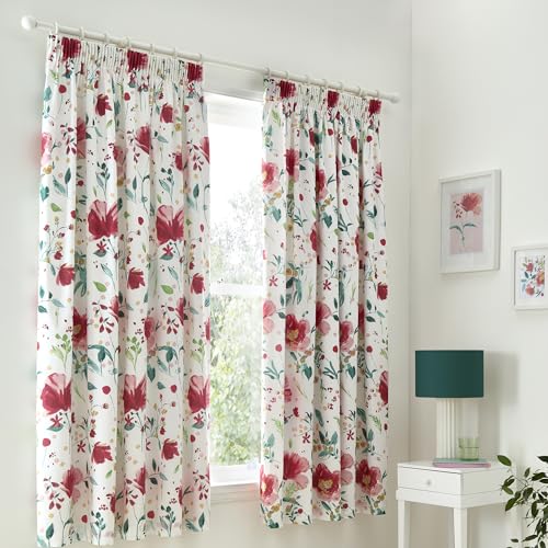 "Dreams & Drapes Abstract Poppy Lined Pencil Pleat Curtains – Pair of Fully Lined Floral Window Drapes, 66"" Width x 72"" Drop (168 x 183cm), Traditional Printed Design, Matching Duvet Set Available"