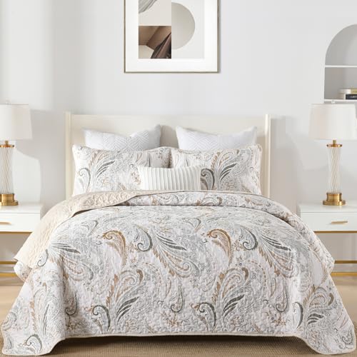 "WONGS BEDDING Boho Quilt Set King Size,Beige Paisley Floral Pattern Bedspread Coverlet Set with 2 Pillowcases,Lightweight Microfiber Bohemian Quilt Bedding Set 104""×90"""