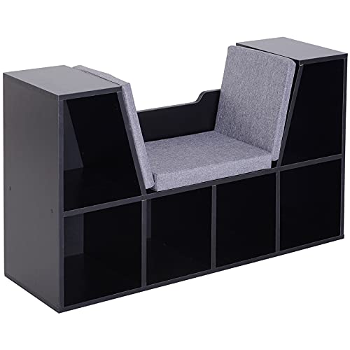 HOMCOM Bookcase Storage Shelf with Cushioned Reading Seat, Cube Bookshelf Organizer for Bedroom Living Room, Black