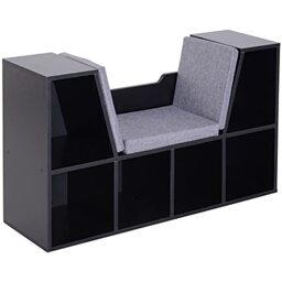 HOMCOM Bookcase Storage Shelf with Cushioned Reading Seat, Cube Bookshelf Organizer for Bedroom Living Room, Black