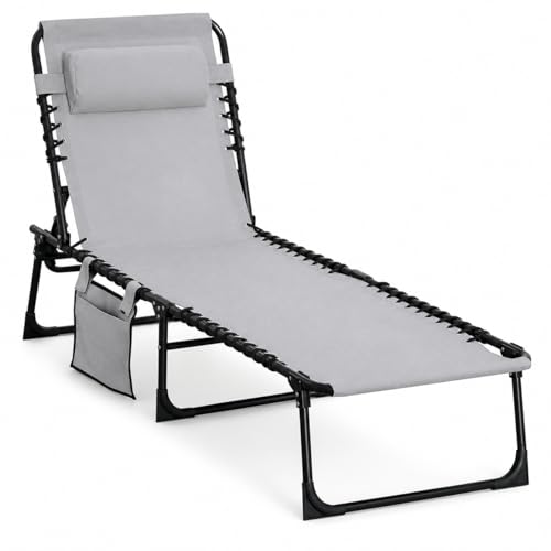 Folding Sun Lounger Outdoor Sunbed Portable, 5-Position Adjustable Backrest with Pillow, Side Pocket Garden Recliner Chair, 600 D Oxford Fabric Seat for Deck, Patio, Poolside, Beach, Camping Grey